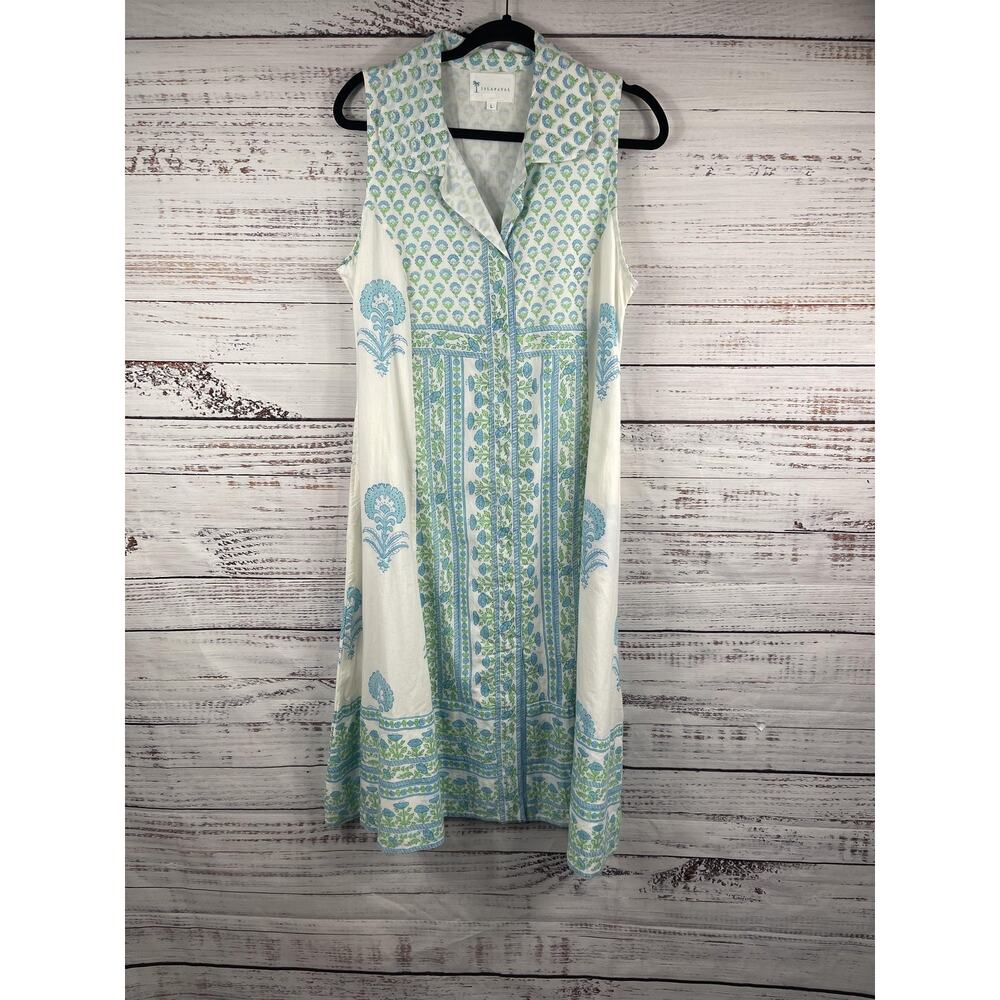 IslaPayal Dress Womens Large White Blue Green Floral Cotton Midi Sleeveless Boho